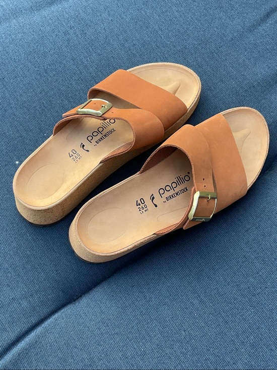 Papillio Shoes - Papillio  Birkenstock Cognac Leather Slide Sandals with Brass Buckles